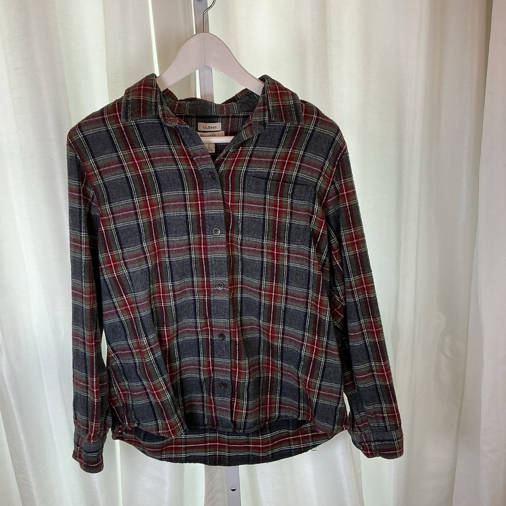 LL Bean Plaid Flannel‎ Button Up Shirt Women Long Sleeve Gray Red Size Small - Picture 2 of 7